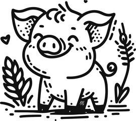 pig, hog in cute animal doodle cartoon, children mascot drawing, outline,