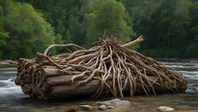 In a hidden corner of the world, a mystical river flows, its waters reflecting the twisted and gnarled forms of stone bound bayan roots that cling to its banks.