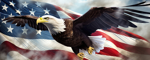 american bald eagle with usa flag on background - obrazy, fototapety, plakaty