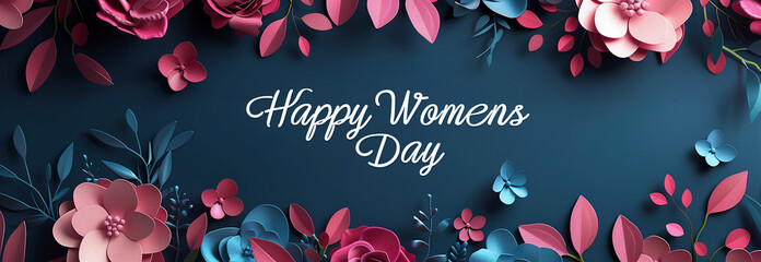 International Women's Day banner in harmonious pink and blue tones adorned with flowers, conveying a festive and celebratory message: 