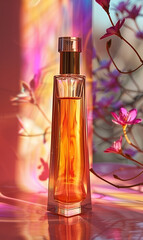 A stunning bottle of perfume is surrounded by vibrant purple flowers, creating an image that captures the essence of elegance and floral allure. 