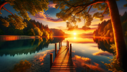Serene Sunset over Calm Lake with Wooden Pier, Generative AI - obrazy, fototapety, plakaty