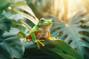 Poster Green tree frog close-up among tropical greenery. © alisluch