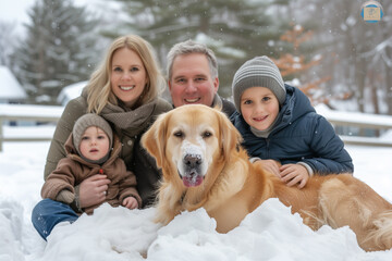 Obraz premium A cheerful, friendly, smiling family, parents with children are having fun playing with their pet red Labrador breed dog in winter in the yard of their house.