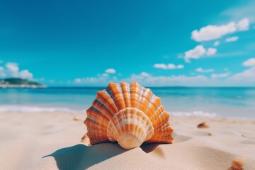 Obraz na płótnie Canvas Beautiful sea shell on sandy beach, coastal beauty for relaxing summer vibes and vacation designs