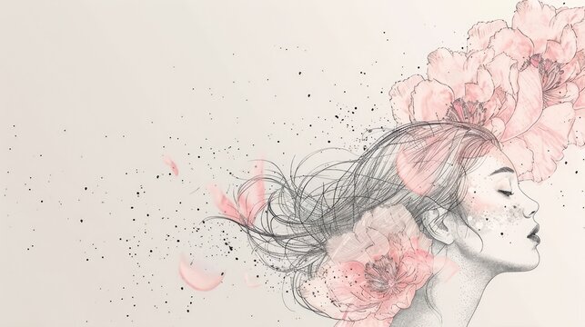 peonia flowers, graphic minimalist drawing of peonia the goddess wept stardust, magical, woman mystical, white background