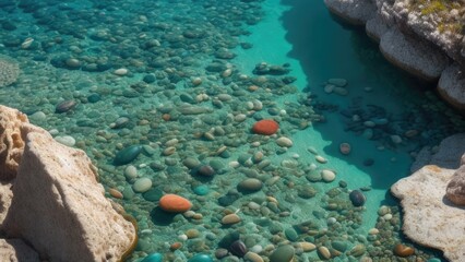 

Texture transparent clear waters of the sea lake with stone pebbles underwater