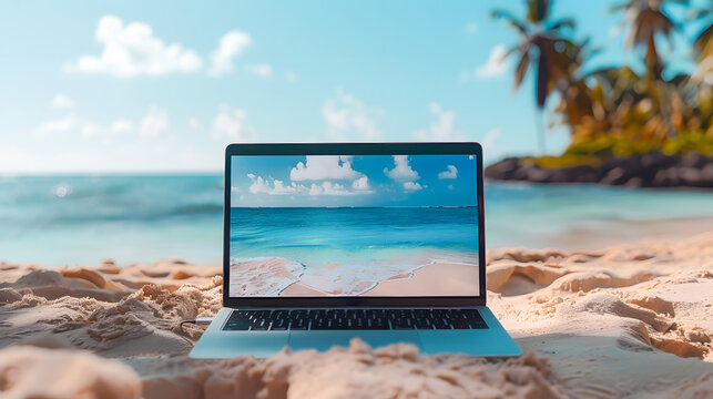 Laptop on the beach on blurred tropic background 