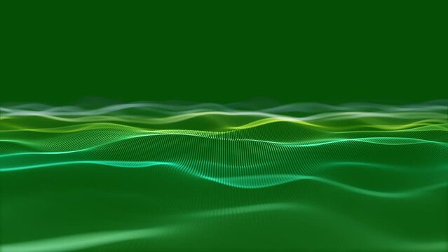 Particles green wave Cyber technology background loop. Abstract seamless animation of mesh glowing dots digital luxurious wave particles
