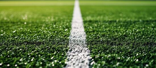A detailed shot of a white boundary line on a soccer field surrounded by vibrant green grass,...