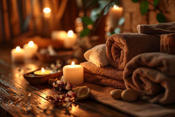 Spa brown background with towels and candles