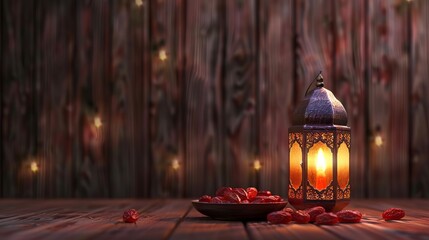 A wooden background with dates and a Ramadan lamp. Asian lantern