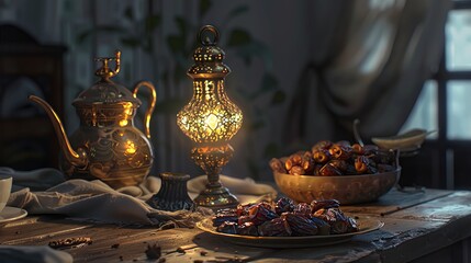 Fototapeta na wymiar Dates and a Ramadan candle still life