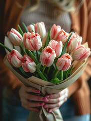A bouquet of pink and white tulips in craft packaging in female hands.