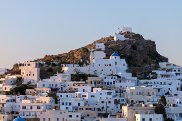 Panoramic view of the beautiful whitewashed village of Ios in Greece, also known as Chora
