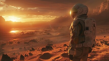 Solitary explorer surveys barren extraterrestrial landscape