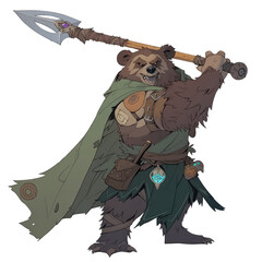 An illustration of a brown bear warrior wielding a sharp weapon, strong facial expression