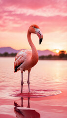 flamingo at sunset stands on a pink lake