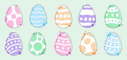 Set of decorated Easter traditional eggs drawing, stickers for Easter holiday, vector illustrations.