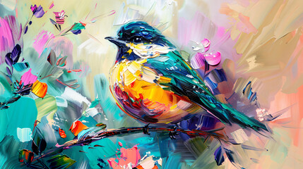 Abstract colorful oil acrylic painting of bird a