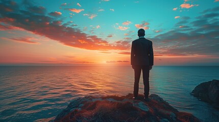 adventurer in a suit gazing at the distant horizon