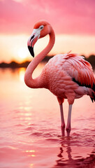 flamingo at sunset stands on a pink lake © woodbe