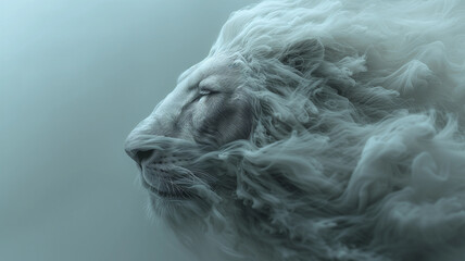 Close Up Beautiful White Lion with Floating Smoke Effect. Spectacular background for design with an animal theme. - obrazy, fototapety, plakaty