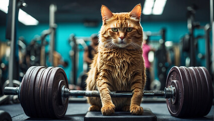 strongman cat working out in the gym - obrazy, fototapety, plakaty