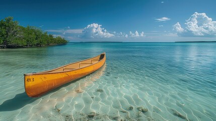 Canoe rests by crystal waters near tropic isle - obrazy, fototapety, plakaty
