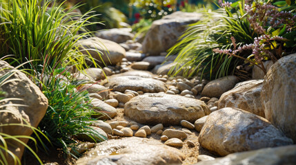 Peaceful stream flowing through garden