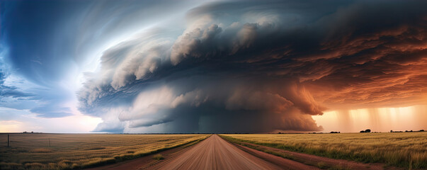 Thunder super storm or tornado on road.