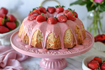 Delicious cake with pink icing and fresh strawberries, perfect for bakery or dessert concepts