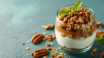 Glass of yogurt topped with nuts and mint leaf