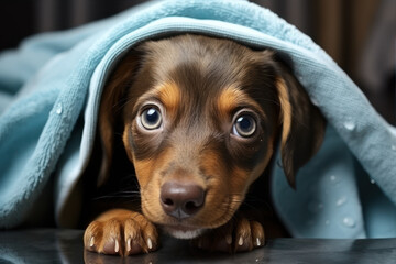 Puppy wipes himself with a towel after shower