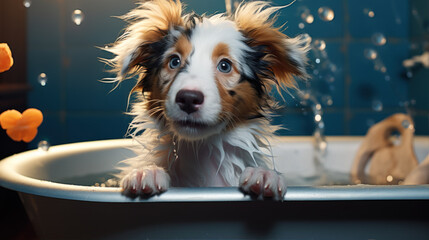 The puppy is having fun playing in the bathtub.