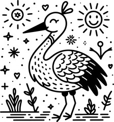 Crane, heron bird in cute animal doodle cartoon, children mascot drawing, outline,