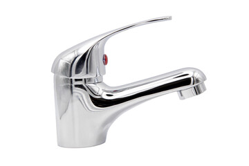 Side view of a chrome-plated bathroom faucet isolated on a cutout PNG transparent background
