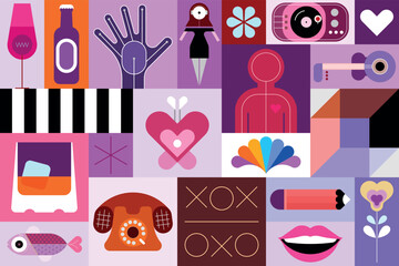 Artistic collage of many different avatars, objects and abstract shapes, set of vector design elements. Each one of the design element created on a separate layer and can be used as a standalone image