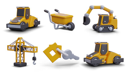 Road roller, wheelbarrow, excavator, construction crane, key with tag