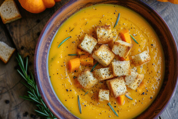 Delicious bowl of soup with croutons and bread, perfect for food and restaurant concepts
