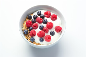 Bowl of yogurt topped with fresh raspberries and blueberries