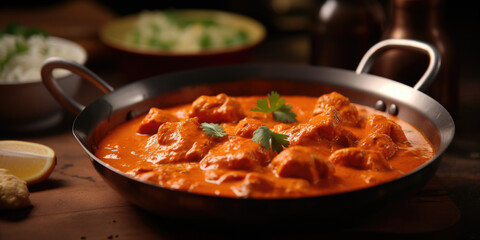 Pan filled with meat and side of rice