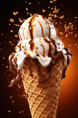 Tempting ice cream cone drizzled with chocolate syrup and caramel, perfect for summer treats