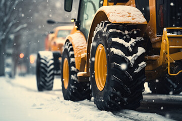 Yellow tractor parked in snow, suitable for winter and agriculture themes