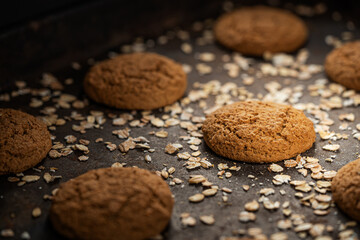 Craft and rustic four oatmeal cookies. Dark food aesthetics, black background with several oat flakes.