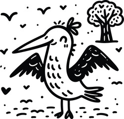Fototapeta premium seagull bird in cute animal doodle cartoon, children mascot drawing, outline, 