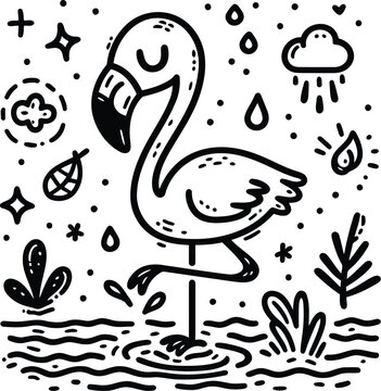 flamingo bird in cute animal doodle cartoon, children mascot drawing, outline, 