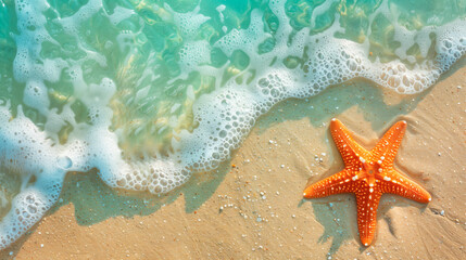 Fototapeta na wymiar Starfish on sandy beach with turquoise waves, tropical vacation and time off concept.