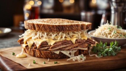 Classic Delight: Reuben Sandwich with Corned Beef, Swiss Cheese, and Sauerkraut - obrazy, fototapety, plakaty