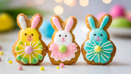 hasen, kekse, 3, dekor, neu, close up, bunt, lustig, komisch, kulisse, niemand, copy space, kindlich, selbstgemacht, pastell, süss, 